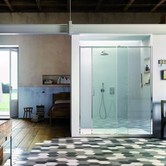 Cabine de douche à portes coulissantes sur patins flottants | Mod Gliss