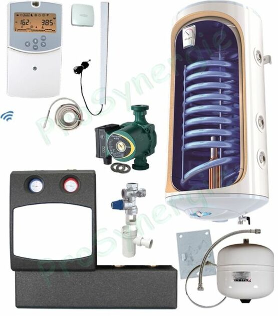Kit extension production eau chaude sanitaire (installation chauffage) - Ballon échangeur / Elec. + module hydraulique et régulation climatique 2 circuits
