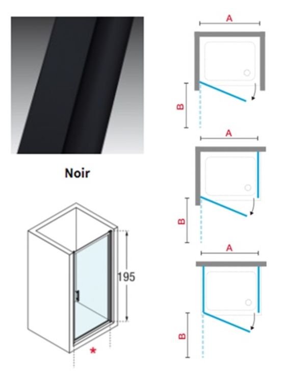 Porte de douche pivotante en verre transparent avec des profilés noirs | ZAPHYROS G - produit présenté par NEWSANIT