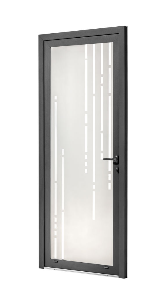 Porte en aluminium avec vitrage imprimé, à décors ou sablé | Portes vitrées aluminium - produit présenté par PREFAL