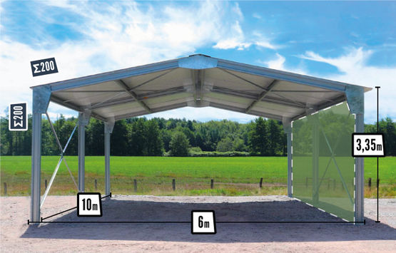  Abri bi-pente en kit 6x10x3,35m bardage 1 long pan bas - BATIMENTSMOINSCHERS.COM/ C2I COMMERCE SARL