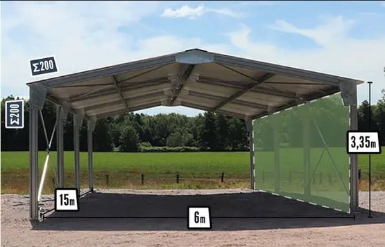  Abri bi-pente en kit 6x15x3,35m bardage 1 long pan bas - BATIMENTSMOINSCHERS.COM/ C2I COMMERCE SARL