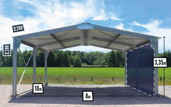  Abri bi-pente en kit - 8x10x3,35m - bardage 1 long pan bas - BATIMENTSMOINSCHERS.COM/ C2I COMMERCE SARL