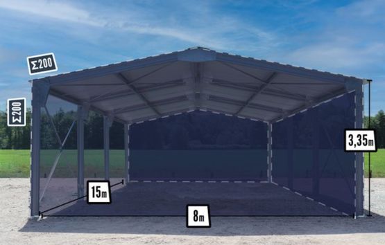 Abri bi-pente en kit - 8x15x3,35m - badage 2 pignons + 1 long pan bas - BATIMENTSMOINSCHERS.COM/ C2I COMMERCE SARL