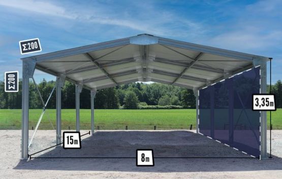  Abri bi-pente en kit 8x15x3,35m bardage 1 long pan bas - BATIMENTSMOINSCHERS.COM/ C2I COMMERCE SARL