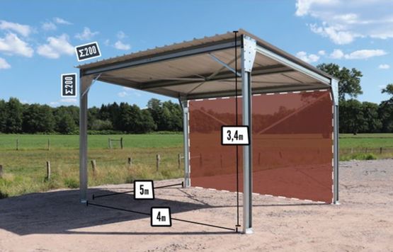 Abri de voiture monopente en kit - 4x5x3,4m + 1 bardage long pan bas - BATIMENTSMOINSCHERS.COM/ C2I COMMERCE SARL