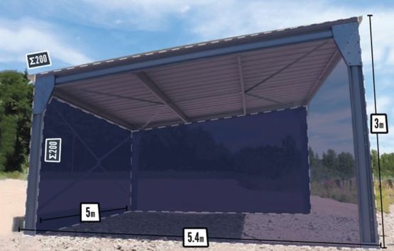 Abri de voiture monopente en kit 5,4x5x3m - bardage 2 pignons + 1 long pan bas - BATIMENTSMOINSCHERS.COM/ C2I COMMERCE SARL