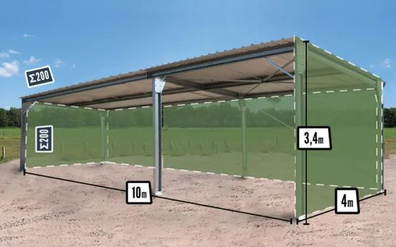  Abri monopente en kit 4x10x3,40m bardage 2 pignons + 1 long pan bas - BATIMENTSMOINSCHERS.COM/ C2I COMMERCE SARL