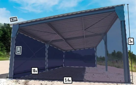  Abri monopente en kit 5,4x10x3m + bardage 2 pignons et 1 long pan bas - BATIMENTSMOINSCHERS.COM/ C2I COMMERCE SARL