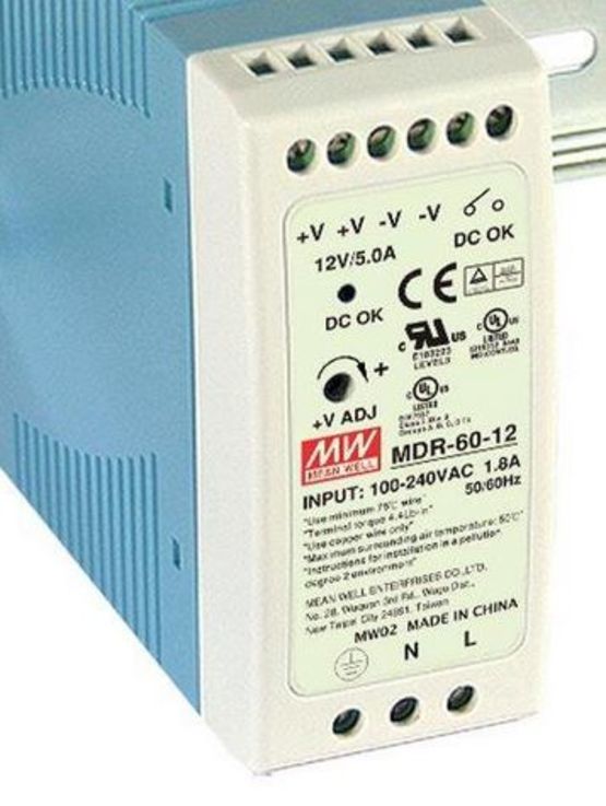 Alimentation AC/DC Rail DIN Sortie 12V dc à 5A avec boitier en plastique  | MEAN WELL MDR-60-12 - produit présenté par CATS