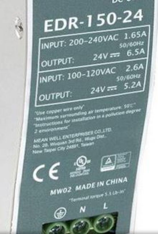  Alimentations AC/DC Rail DIN Sortie 24 V à 6,5 A (230 V ca) / 24 V à 5,2 A (115 V ca) | MEAN WELL EDR-150-24 - CATS