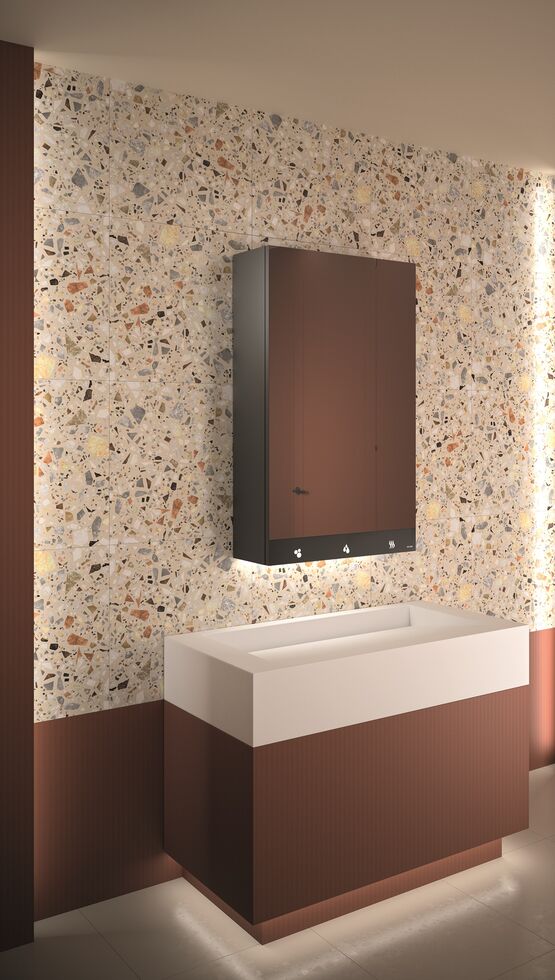  Armoire miroir avec sèche-mains, distributeur de savon et robinet automatiques | Réf. 510203  - Meuble suspendu salle de bains