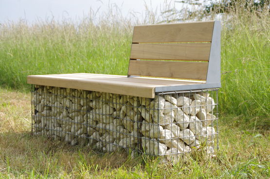  Banc gabion pierre avec dossier, structure métal et bois naturel Cèdre français | Gamme Evol - AGENCE URBAINE