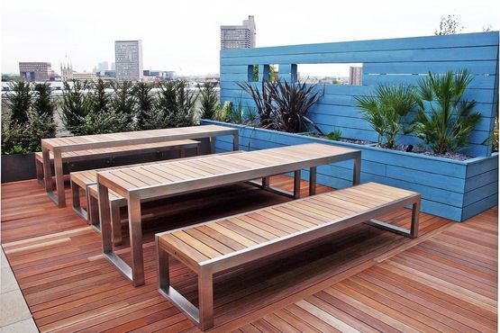  Banc public design contemporain inox-bois avec option dossiers | BASKOP - Banc public