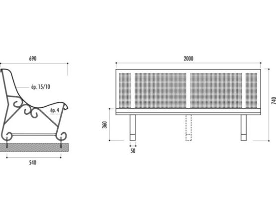  Banc public Mexico 2 pieds en tôle perforée - Trous carrés - NORMEQUIP
