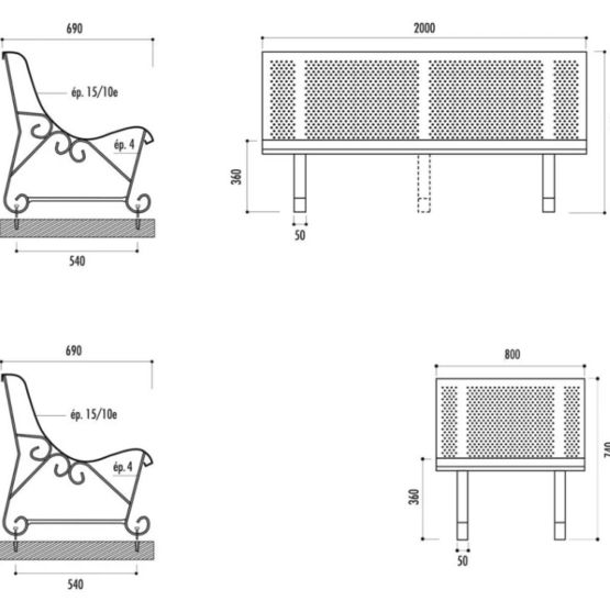  Banc public Santiago 2 pieds en tôle perforée - Trous ronds - NORMEQUIP