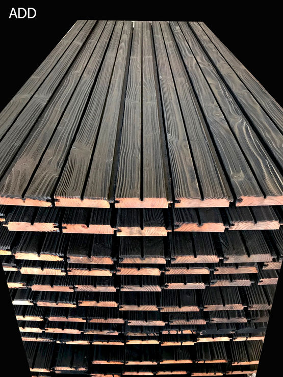 Bardage extérieur ou intérieur en bois brulé type flammé Douglas ou Meleze - produit présenté par ARCHITECTURE DESIGN DECORATION ADD