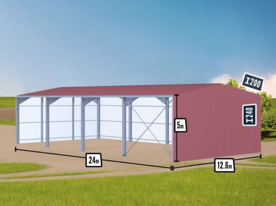 Bâtiment galvanisé avec structure + couverture - Bardage 3 côtés - 12,6x24x5m - 300m² - BATIMENTSMOINSCHERSCOM/ C2I COMMERCE SARL