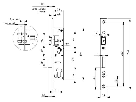  Boîtier serrure à cylindre axe 21 l 36 entr&#039;axe 70 - BEAURAIN DISTRIBUTION