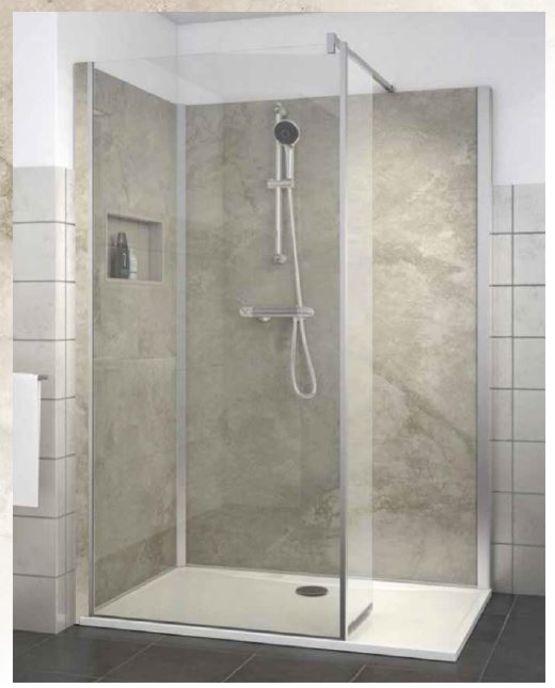 Cabine de douche avec verre traité et panneaux de fond en 4 décors | VINATA STYLE - produit présenté par ROTH