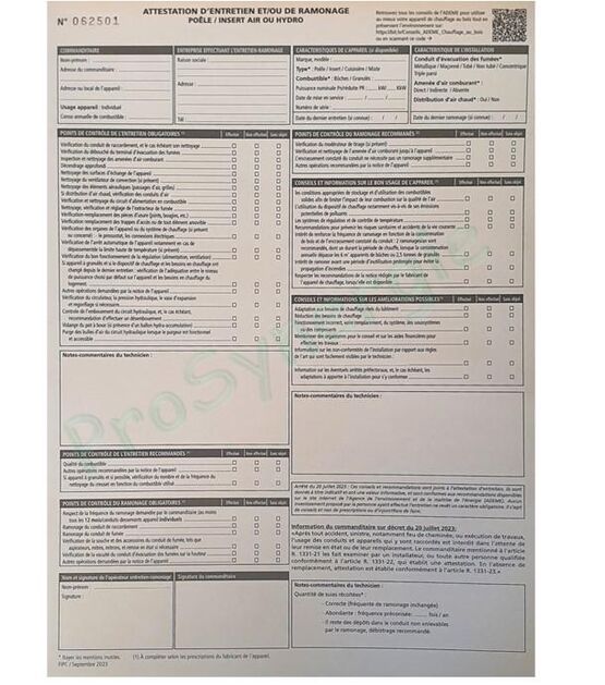  Carnet d’attestations | Entretien et ramonage des poêles, chaudières et inserts - Accessoires pour cheminées et poêles