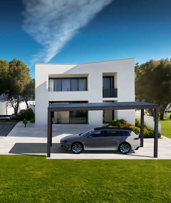  Carport à structure en aluminium équipé de panneaux photovoltaïques | Wallis&amp;Park Energy - Série 414 - PROFILS SYSTÈMES
