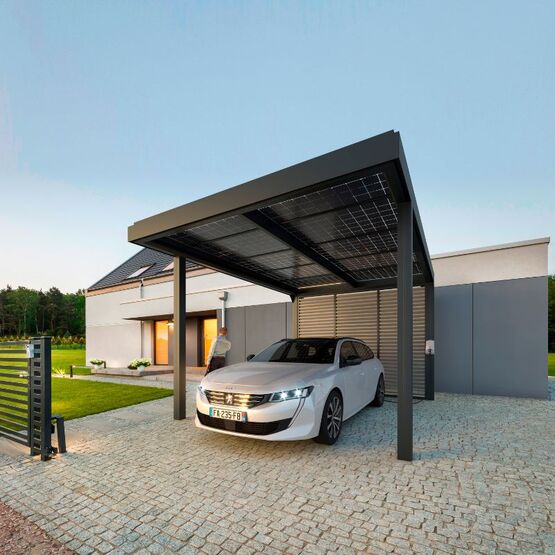  Carport photovoltaïque à raccordements cachés sur toiture monopente | Solcar System - Abri voiture