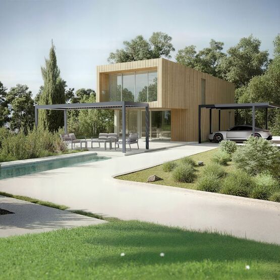  Carport photovoltaïque à raccordements cachés sur toiture monopente | Solcar System - Abri voiture