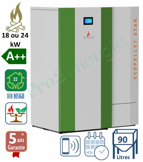 Chaudière à pellet MARELI ECOPELLET STAR 18 ou 24 kW, Classe énergétique A++, rendement 94%, brûleur Volcan, nettoyage/décendrage automatique, trémie 90 litres