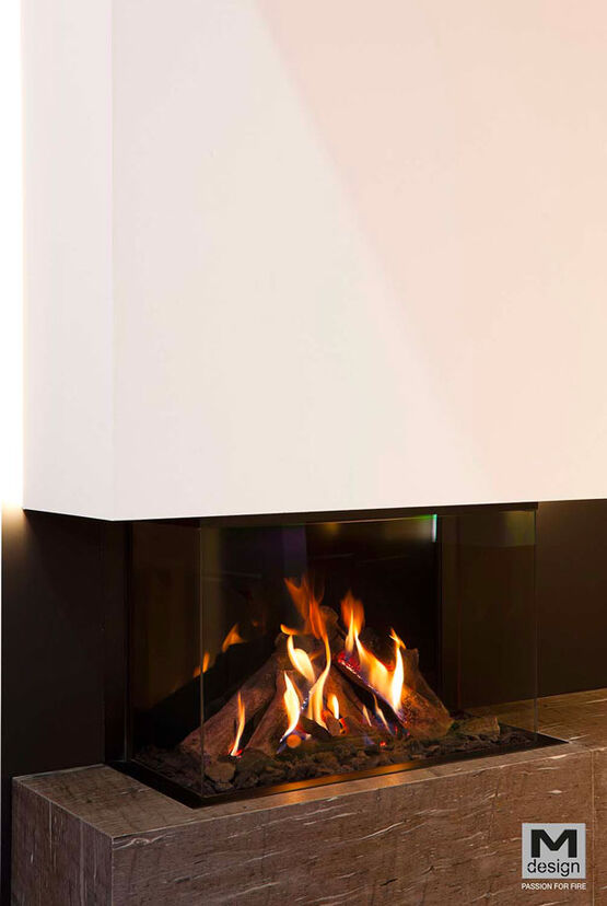  Cheminée gaz à double coin avec bûches en céramique et fond du foyer en acier ou miroir noir ou fonte | True Vision 850 DC  - BEST FIRES