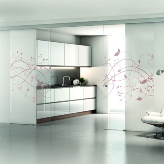  Cloison vitrée décorée coulissante pour séparation d&#039;espace | Kosmos - Système coulissant en applique ou à encastrer