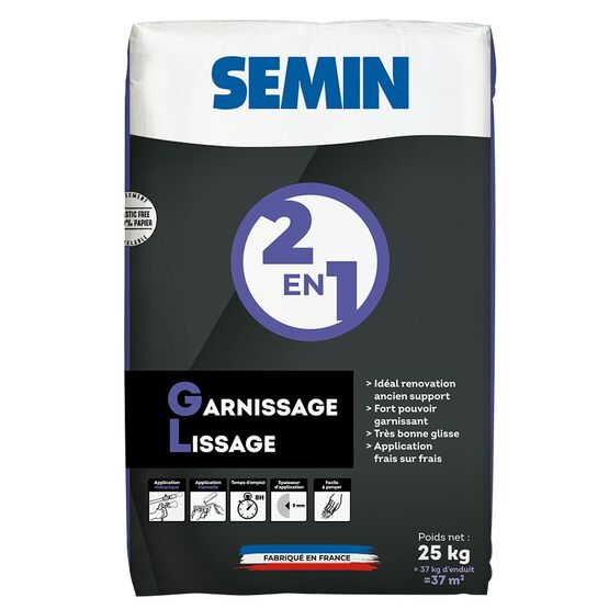 Enduit de garnissage et de lissage intérieur 2 en 1 poudre 25 kg | SEMIN 