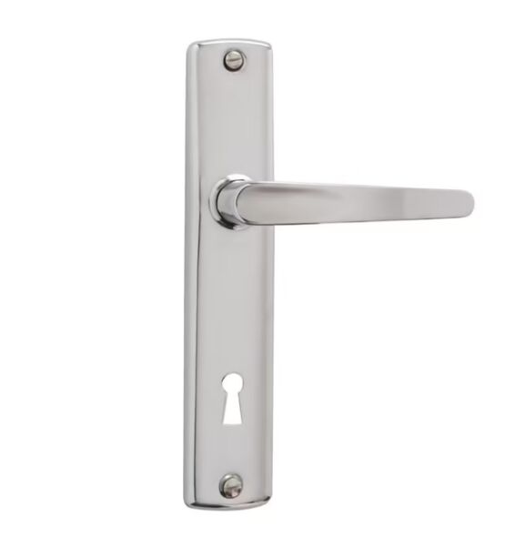 Ensemble poignée de porte basic chromé sur plaque avec trou de clé