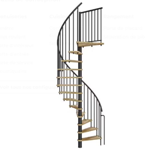 Escalier en colimaçon Enzo réversible avec rampe à barreaux, marches vernis incolore | LAPEYRE SERVICES