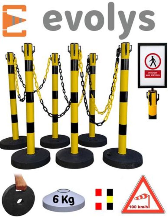  Kit de 6 poteaux de signalisation en PVC avec 25 m de chaîne | EVOLYS Réf PPC6 - EQUIPEMENTECH