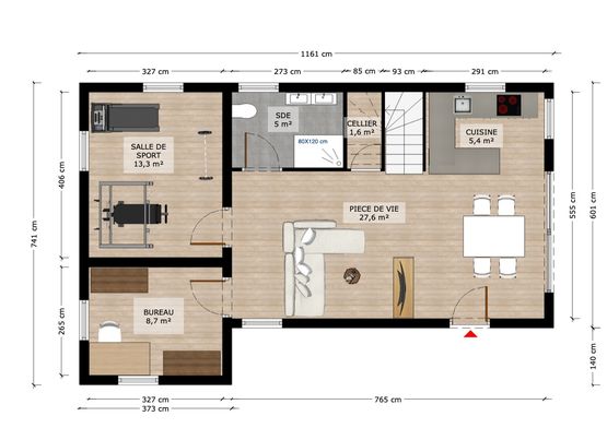  MAISON MILLENNIALS T6 DE 119 m² AVEC POSSIBILIÉ D’UNE SALLE DE SPORT ET 1 BUREAU AU RDC ET 3 CHAMBRES À L’ETAGE. - BATI-FABLAB 