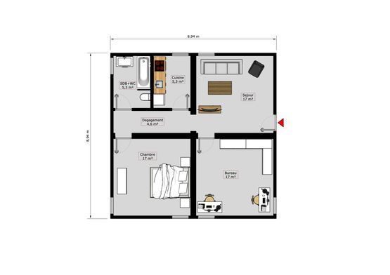  Maison modulaire plain-pied en kit prêt à monter - avec chambre et bureau - Spécial export - BATI-FABLAB 