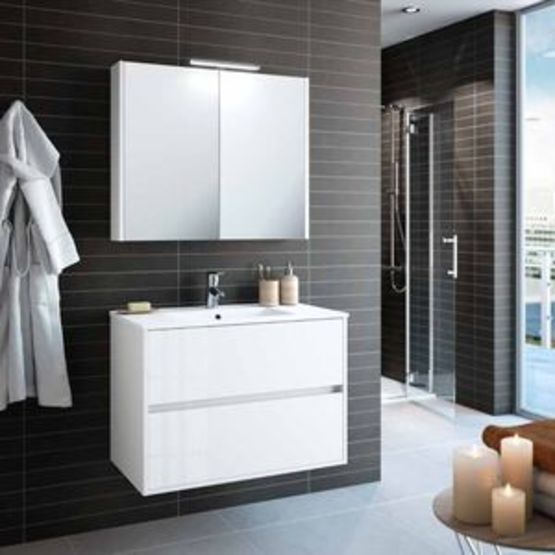 Meuble salle de bain suspendu blanc avec miroir armoire et spot LED | NOJASCHWAN600800 