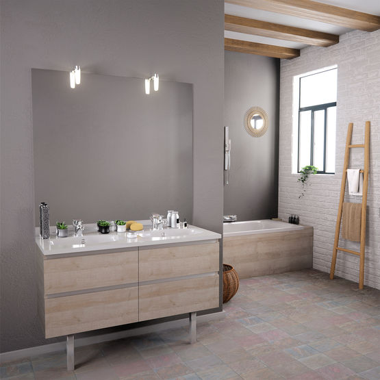  Meuble vasque salle de bain 2 tiroirs avec miroir et applique LED | TEO 2 tiroirs - CHENE VERT