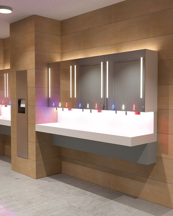  Miroir multifonction HYFLO avec distributeur de savon, robinet et sèche-mains intégrés | Module miroir - Mitigeur à déclenchement automatique pour collectivités
