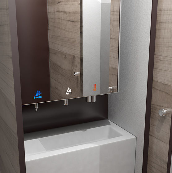 Miroir tout-en-un avec distributeur de savon, robinet et sèche-mains intégrés | Module miroir - produit présenté par SUPRATECH