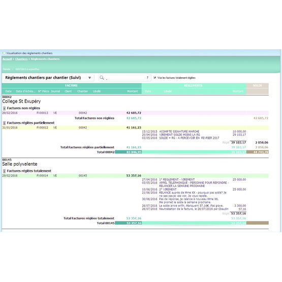 Module le suivi des règlements clients | Onaya Suivis des règlements chantiers