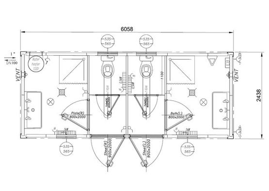  Module sanitaire Hommes/Femmes, 2xWC, 2xDouches, 2x rampes lavabos | EUROPBOX  - EUROPBOX CONTAINERHANDEL GMBH