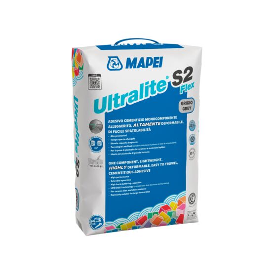 Ultralite S2 Flex est un mortier colle (C) amélioré (2), à temps ouvert allongé (E), hautement déformable (S2), de classe C2E S2. La conformité de Ultralite S2 Flex est prouvée par le certificat TT n° 21/32302496 et n° 21/32302497 émis par APPLUS, LGAI Technological Center Bellaterra (Espagne). DOMAINE D'APPLICATION ▪ Collage de tout type et format de carrelage céramique en intérieur et extérieur (grès cérame, grès émaillé, grès étiré, klinker, terre cuite, etc.). ▪ Collage de pierre sur des surfaces à l'intérieur et l'extérieur (tant que la pierre est dimensionnellement stable et non sensible à l'humidité et aux taches). ▪ Collage de grès cérame de grand format, aussi le grès cérame fin, aux sols et murs, aussi sur les façades extérieures. ▪ Collage de tout type de mosaïques sur des surfaces à l'intérieur et l'extérieur, aussi dans des piscines. ▪ Particulièrement indiqué, compte tenu de ses excellentes capacités de double encollage pour la pose de Mapetherm Tile System XL sur les façades et les systèmes d'isolation thermique en extérieur. Pour toute utilisation en façade, impérativement respecter les normes nationales en vigueur.