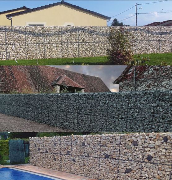 Mur de clôture avec mailles mixtes et ligature spirale | GABION-KIT OPTIMIZED CLOTURE - Muret en pierre / aspect pierre