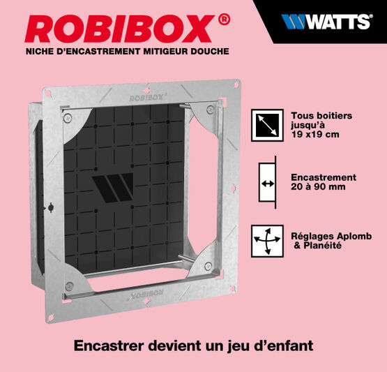 Niche d&#039;encastrement de mitigeur de douche sur plaque de plâtre ou alvéolaire | Robibox - produit présenté par WATTS INDUSTRIES
