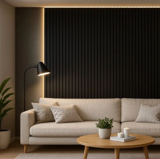 Panneau acoustique mural | Lot de 2 panneaux en tasseaux bois noir sur fond noir - produit présenté par MANDARIN & CO