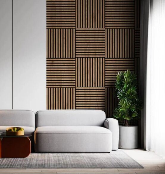  Panneau acoustique mural | Pack de 2 panneaux acoustiques bois finition noyer sur fond noir - Panneaux muraux et absorbeurs acoustiques