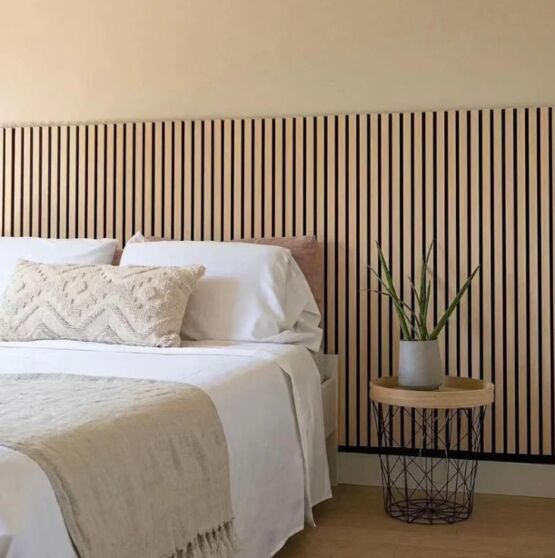  Panneau acoustique mural | Pack de 2 panneaux en tasseaux bois chêne blanc sur fond noir - MANDARIN & CO