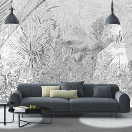 Papier peint au dessin d’une forêt tropicale au crayon pour décoration murale
